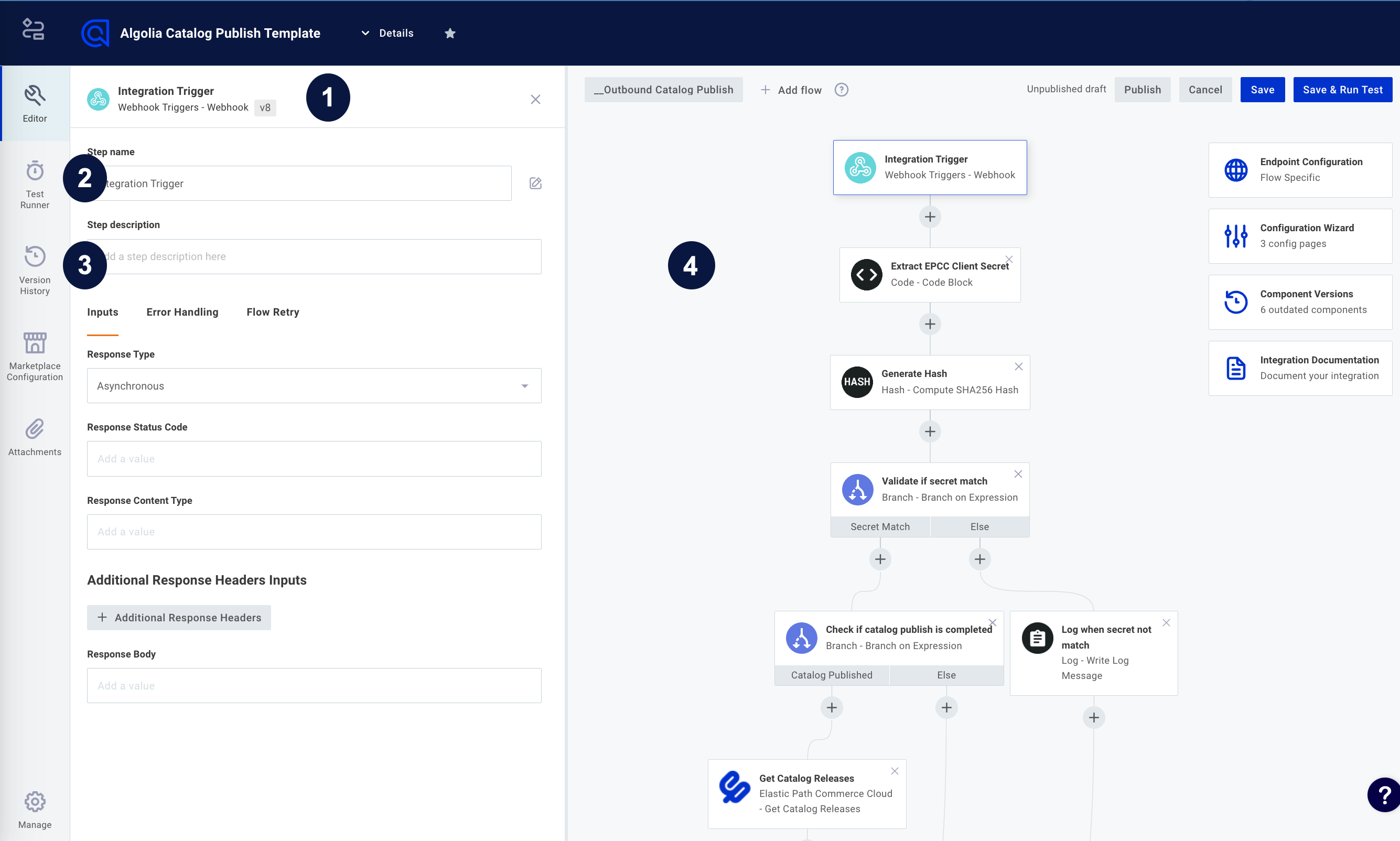 integration designer highlighting configuration drawer, testing drawer, version history drawer, and integration editor pane